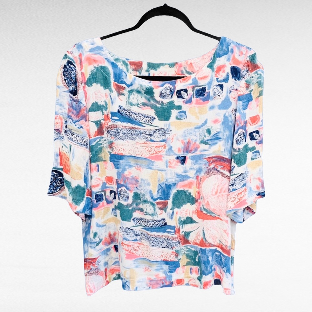 VINTAGE | 1970’s Multicolored Abstract Print Pastel 3/4 Sleeve Retro Shirt